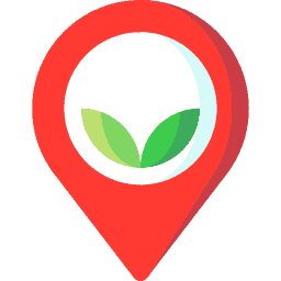 Symbole d'une source locale: icône de la localisation rouge, avec des feuilles vertes insérées au centre