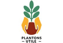 Logo avec "plantons utile" comme inscirption, deux mains tenant une plante verte