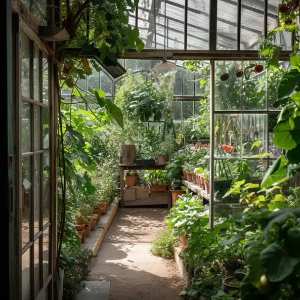 intérieur d'une serre en permaculture